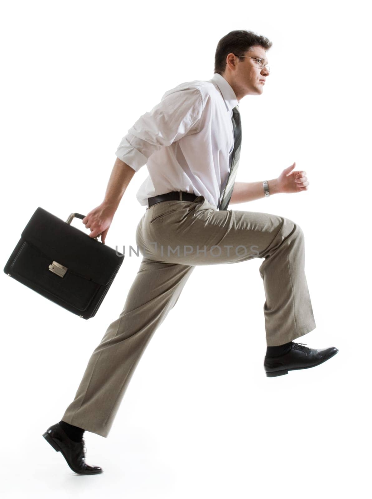 Portrait of hurry manager isolated on a white background