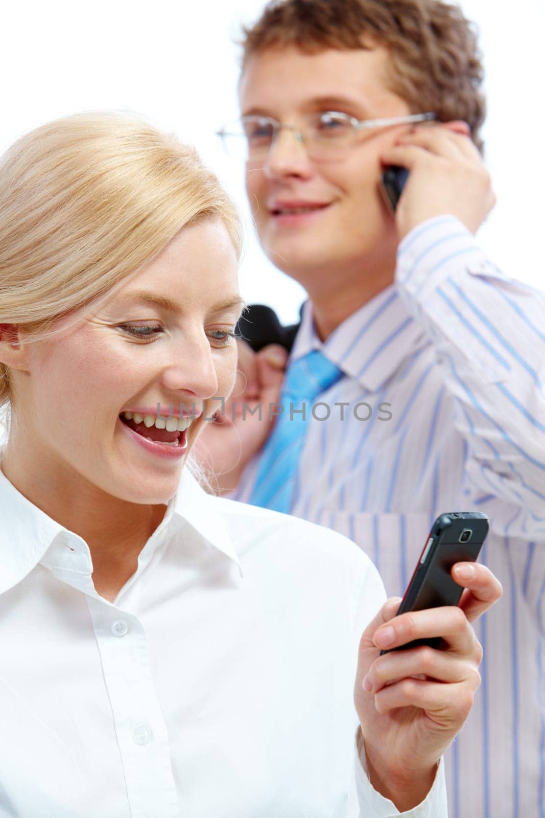 Image of confident woman reading sms with calling businessman on background