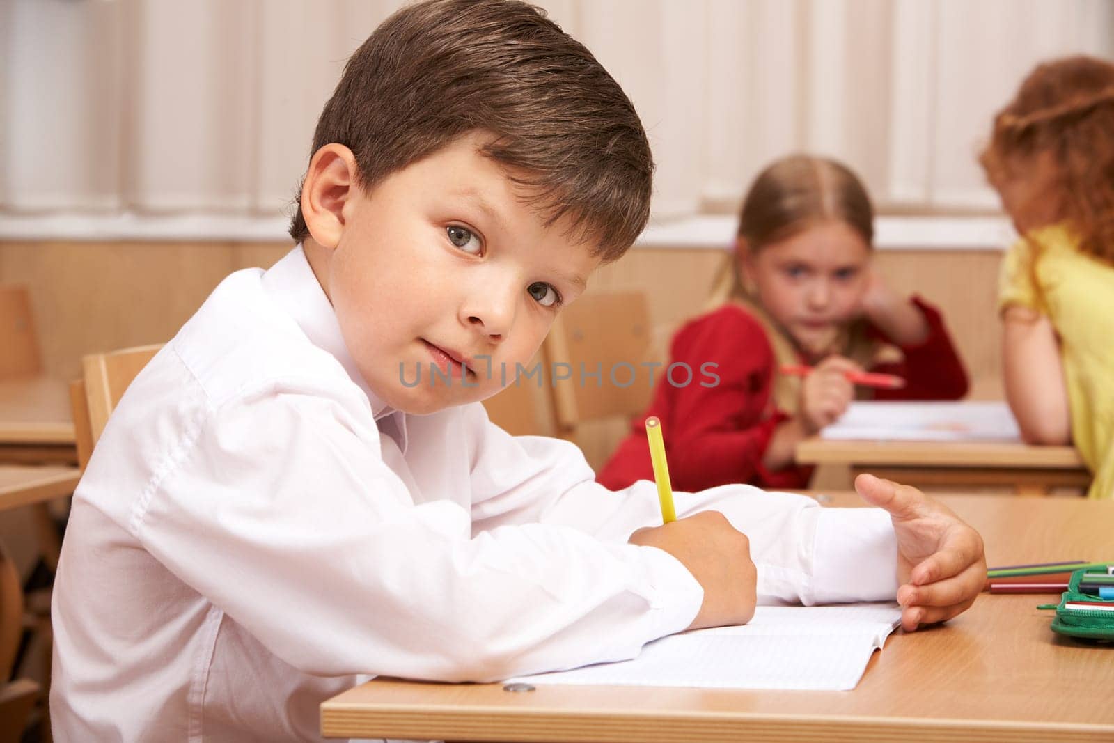 Image of smart schoolboy sitting at desk and drawing while looking at camera during lesson