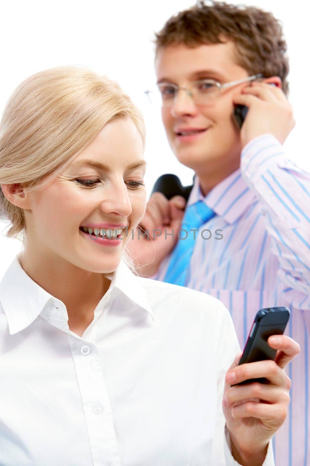 Photo of smiling woman reading sms with calling businessman on background