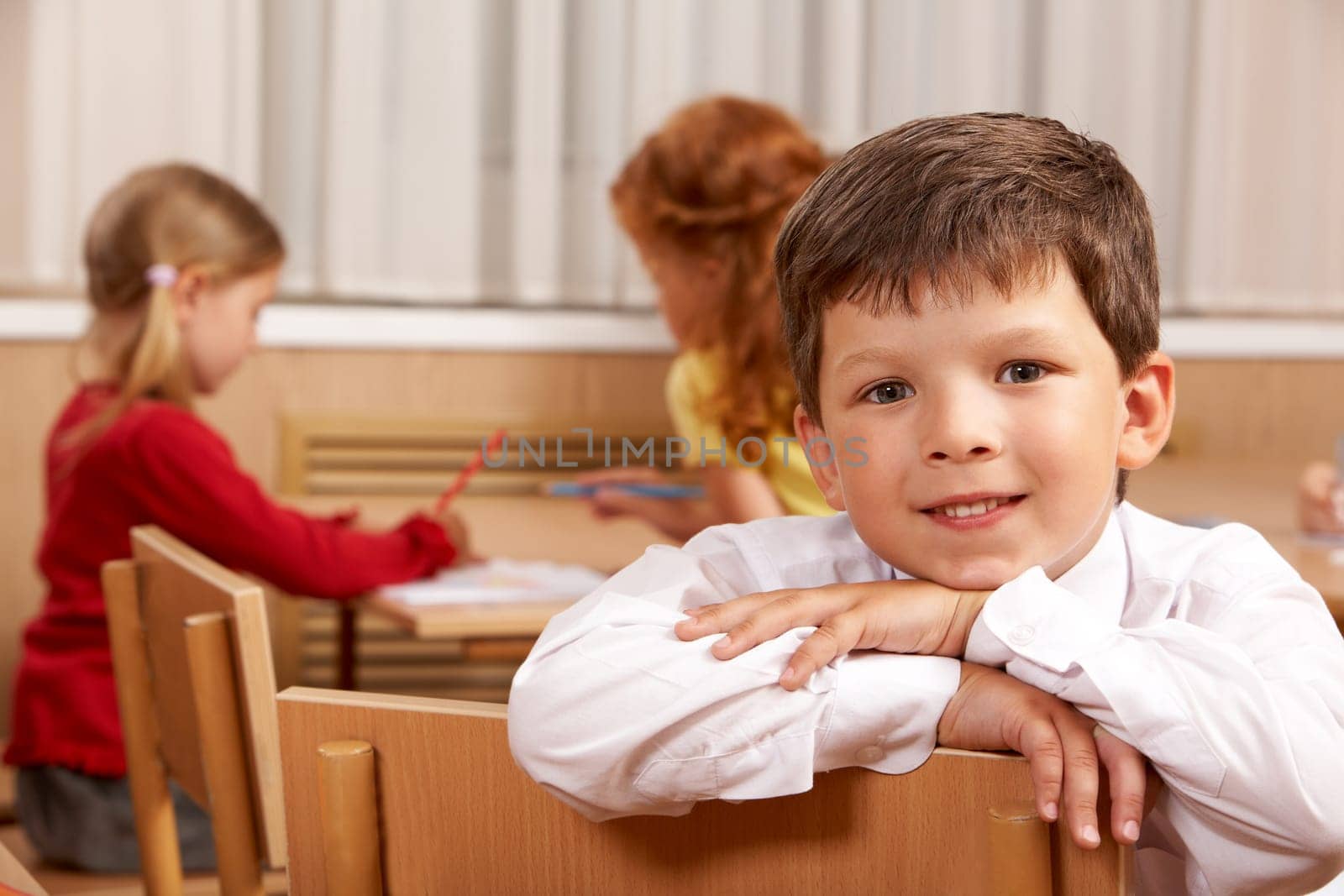 Clever schoolboy looking at camera in classroom with his classmates at background