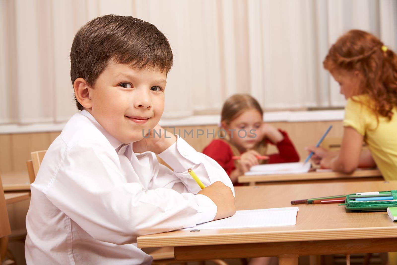 Image of smart schoolboy sitting at desk and looking at camera during lesson