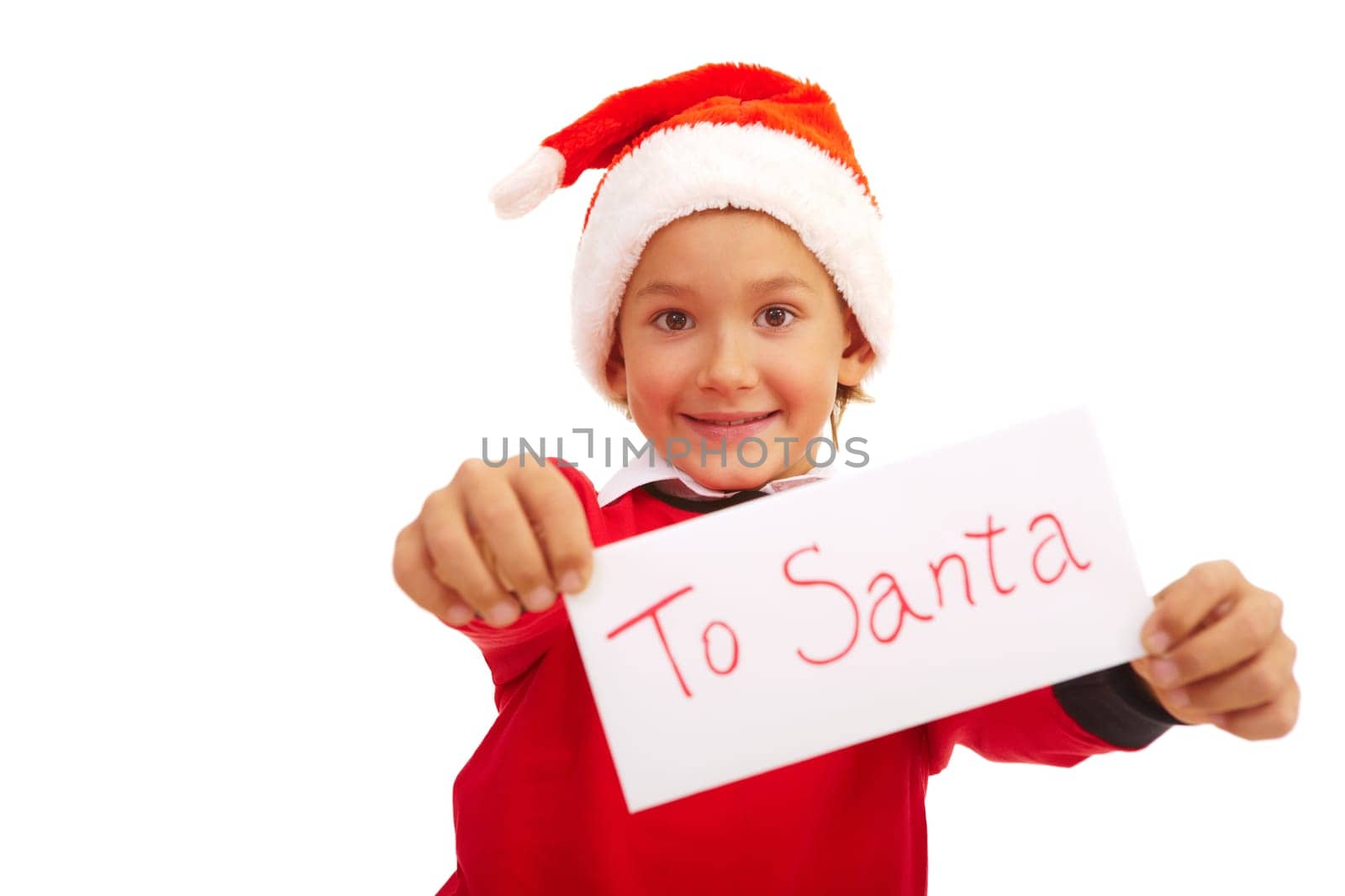 Happy lad holding letter with note To Santa in isolation