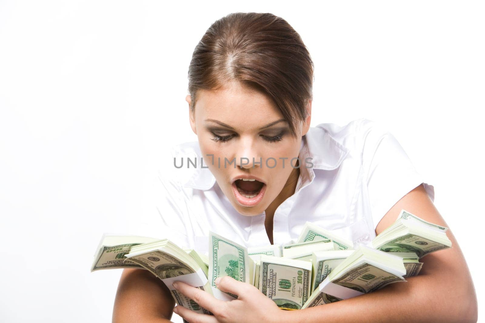 Photo of young woman afraid of losing money being held by her