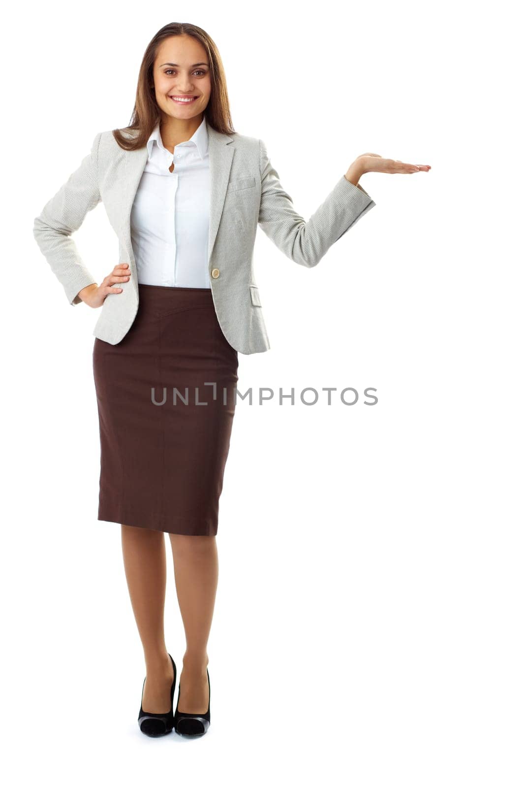 Portrait of elegant businesswoman with open palm in isolation