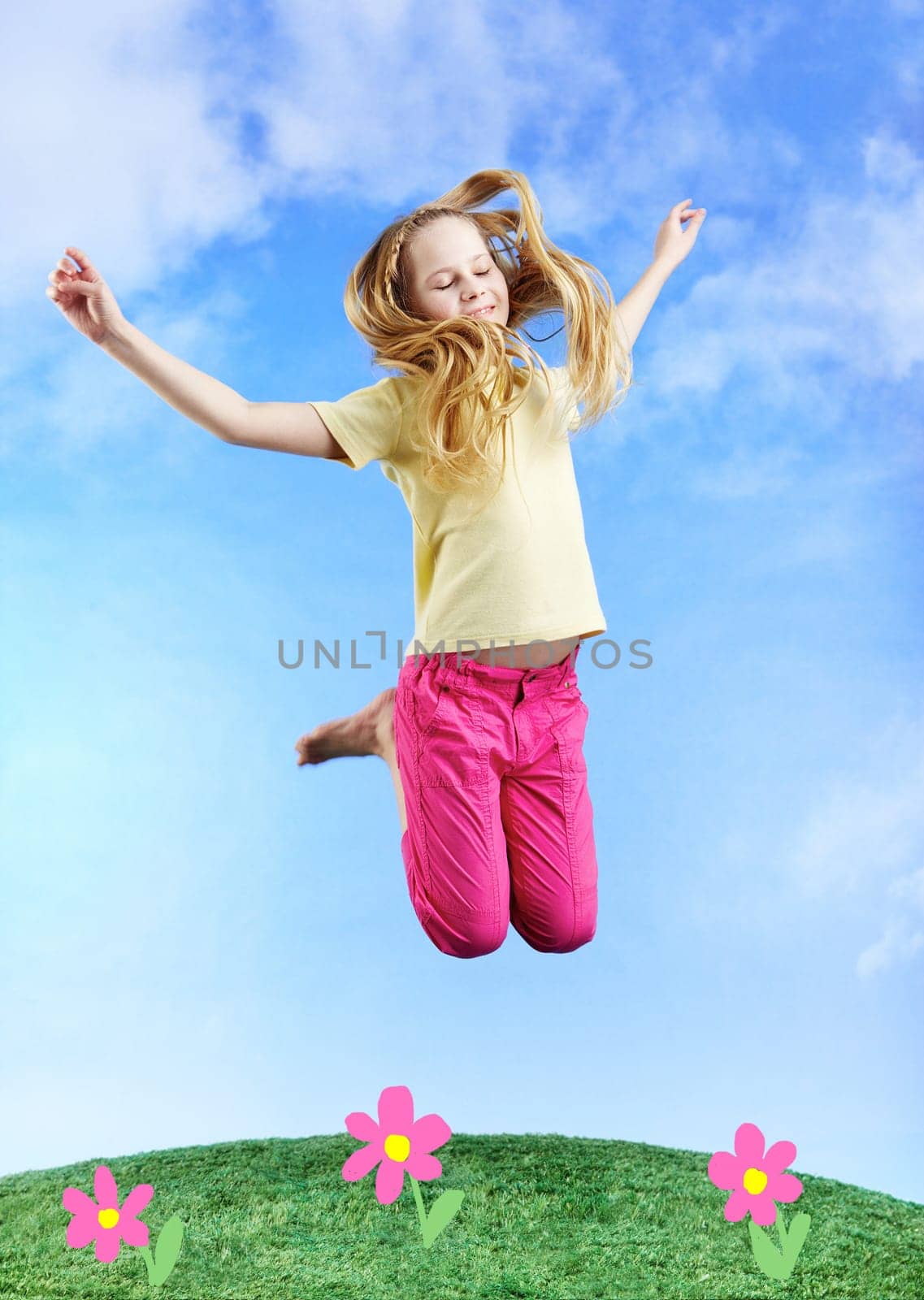 Image of happy girl jumping on the grass