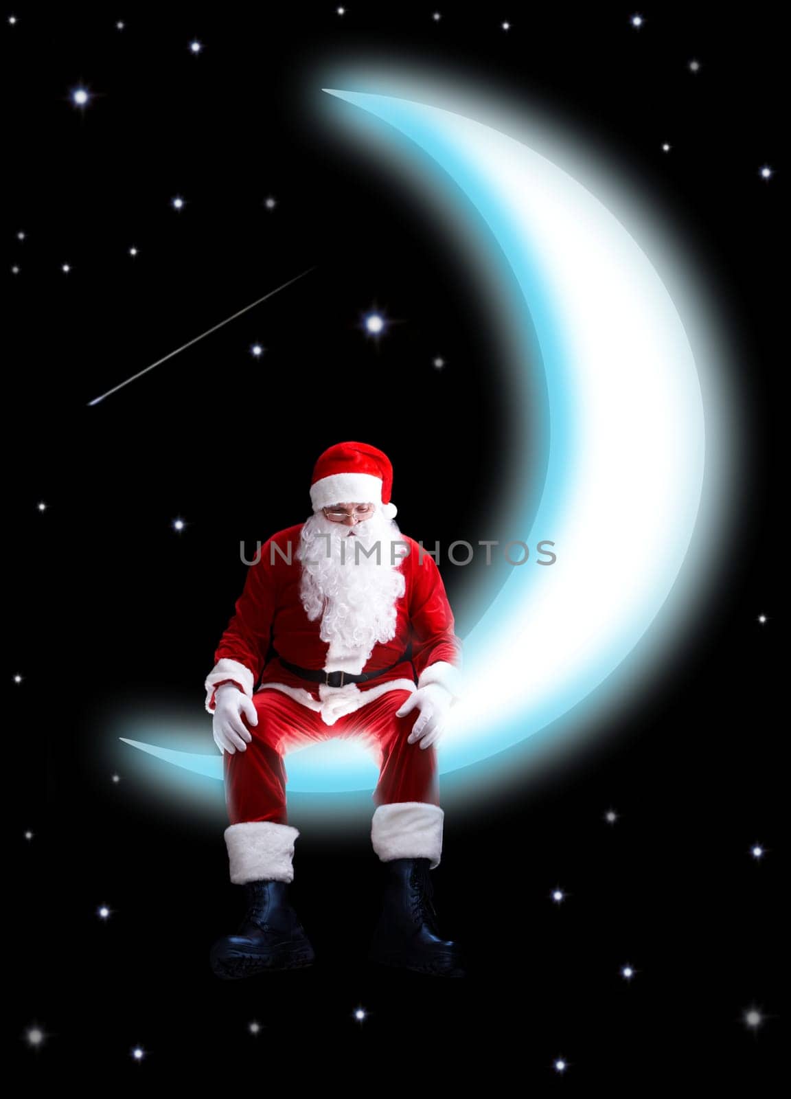Photo of Santa Claus sitting on shiny moon with night sky at background