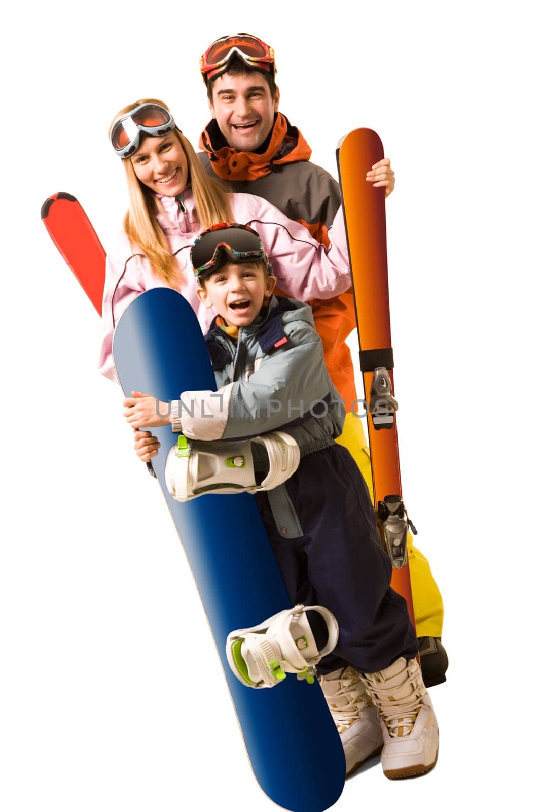 Portrait of happy family with snowboards looking at camera on white background