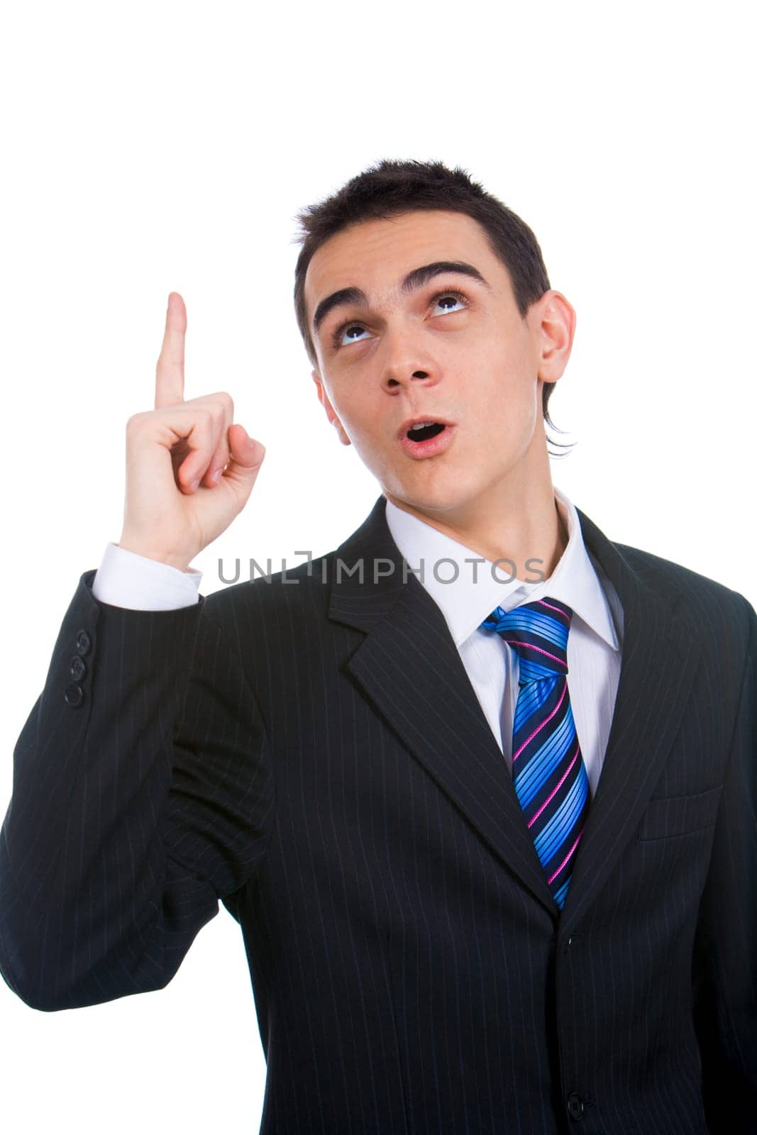 Portrait of smart man full of excellent ideas with raised forefinger over white background