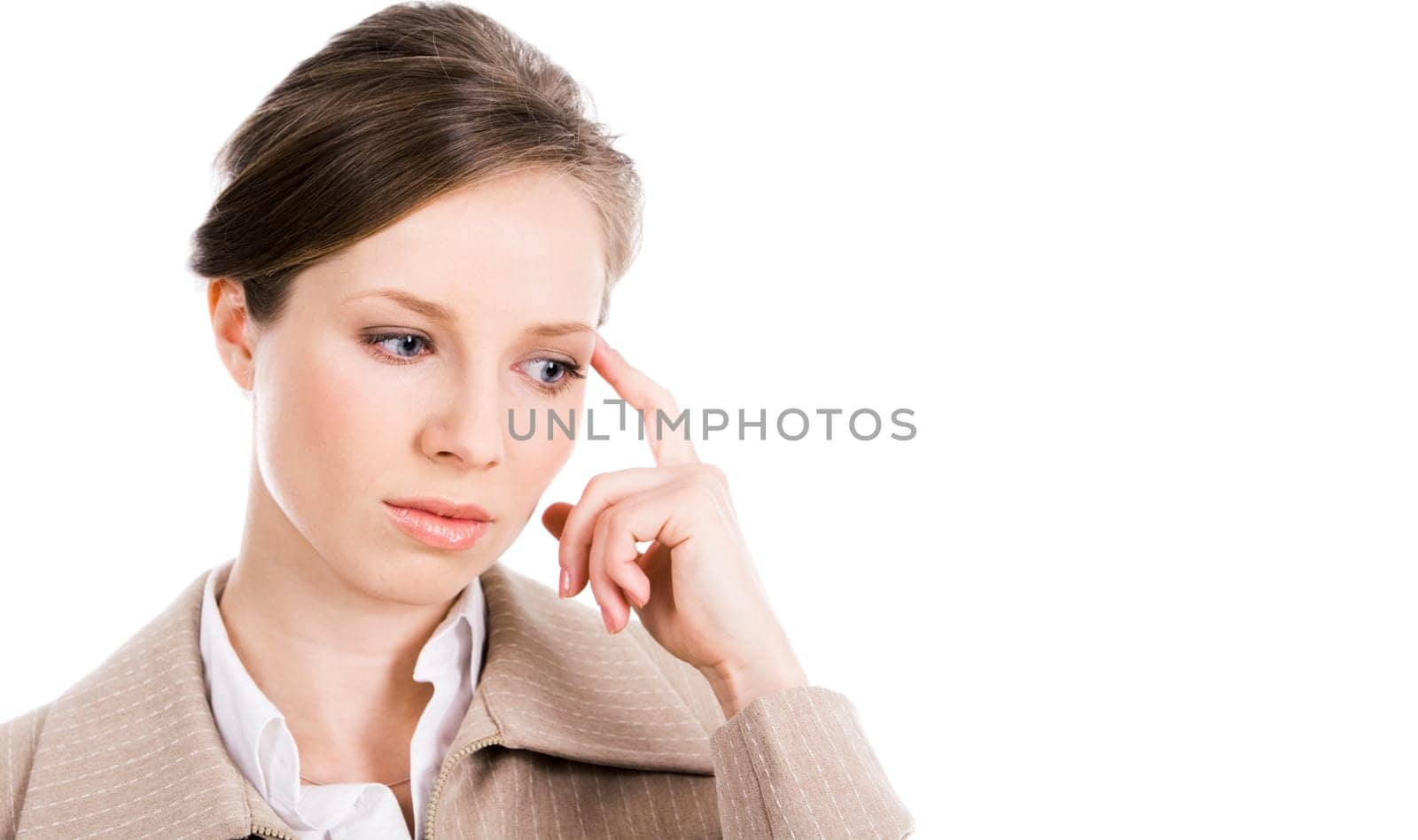 Photo of stressed woman with her forefinger by temple isolated on white background