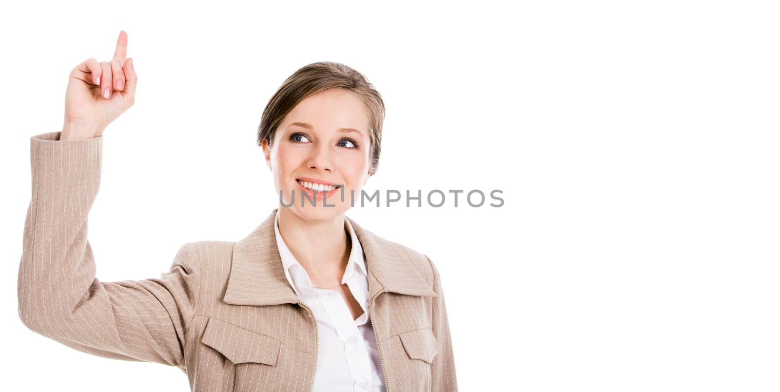 Image of smart businesswoman keeping her forefinger raised over white background