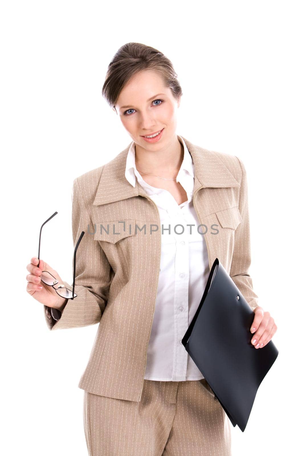 Portrait of smart businesswoman in suit with folder in hand over white background