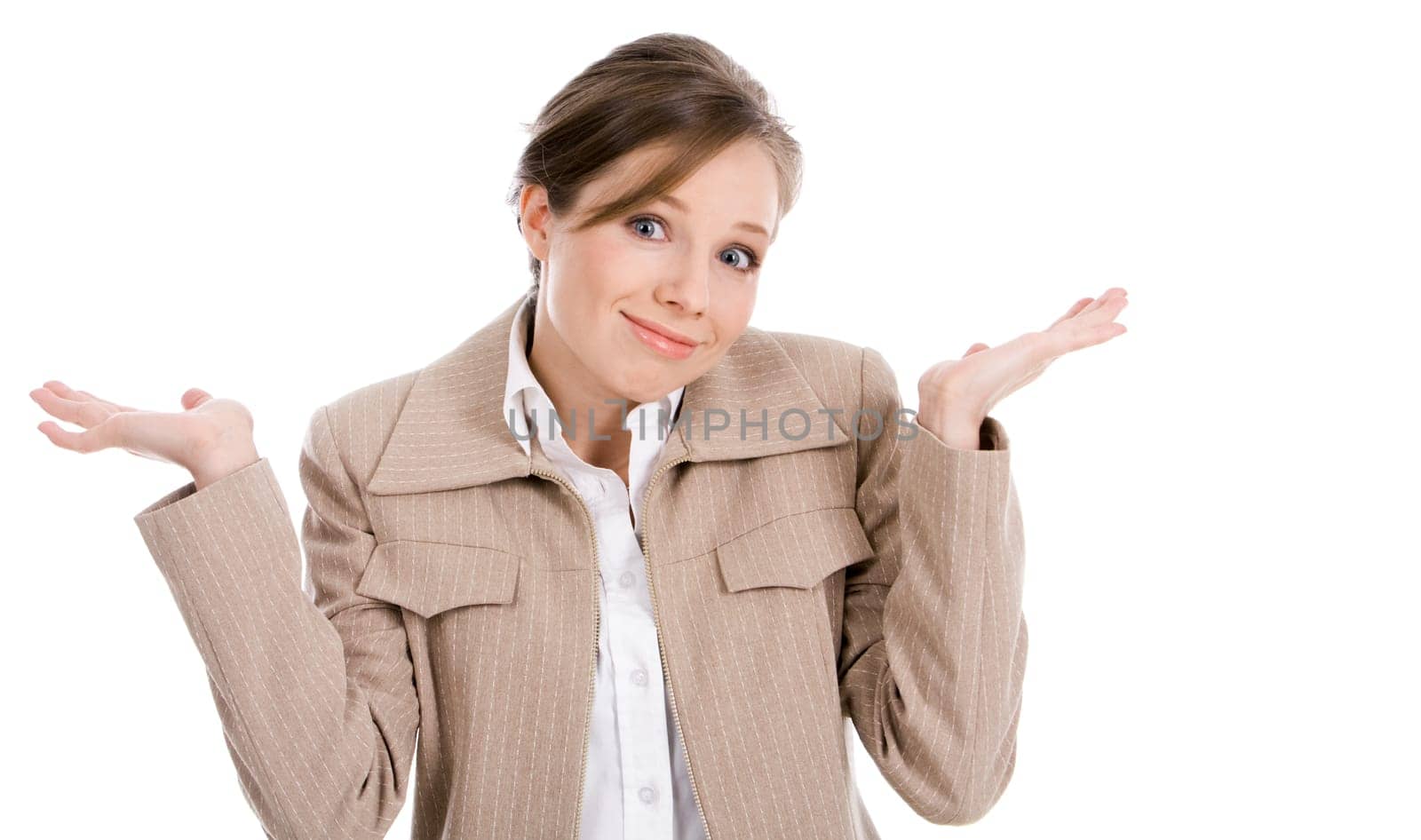 Portrait of businesswoman shrugging and looking at camera with smile
