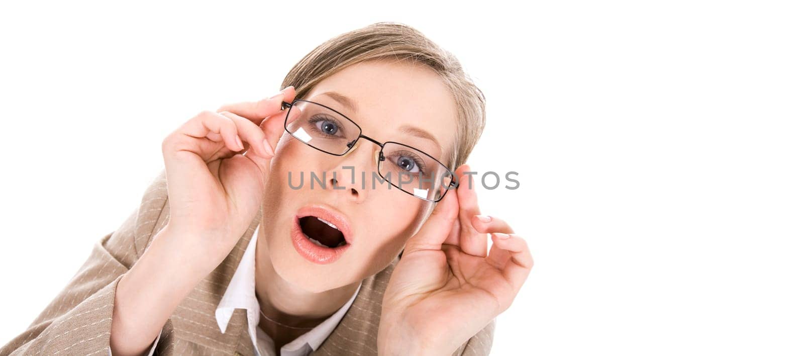Portrait of lovely woman in eyeglasses with open mouth saying wow