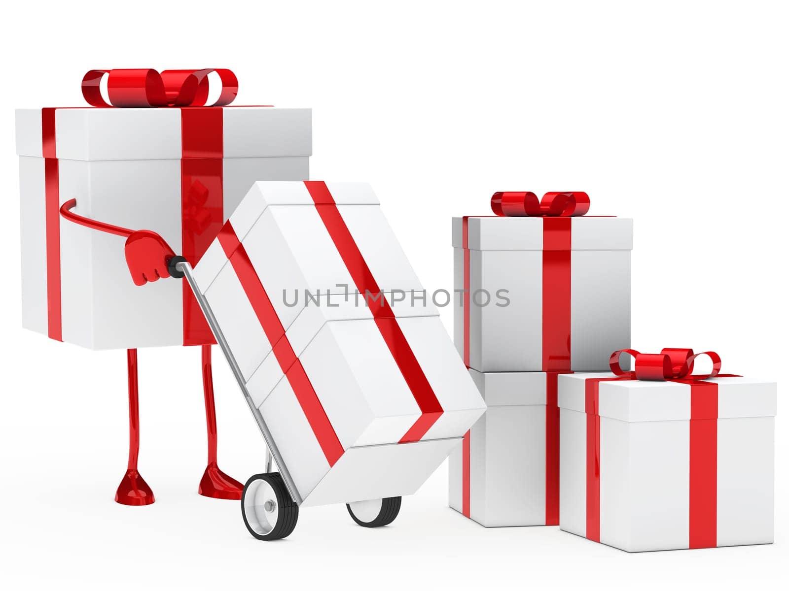 red christmas gift box hold hand truck
