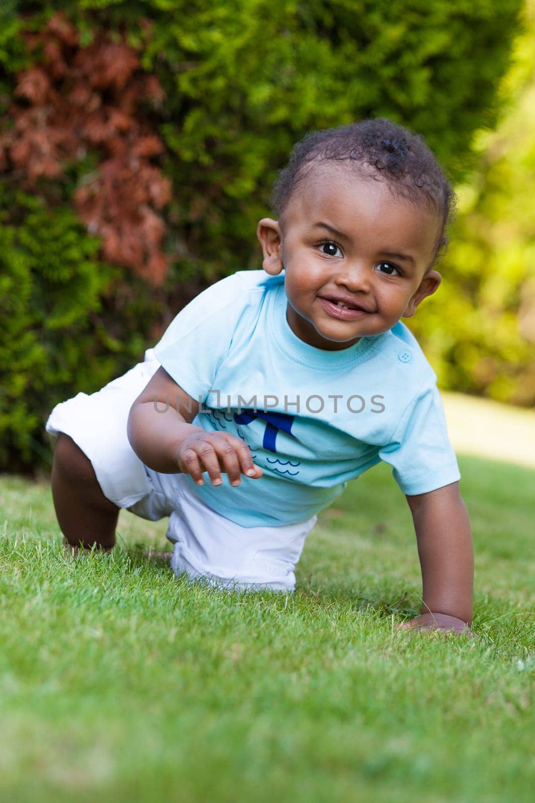 Portrait of a little african american baby boy playing outdoor in the grass