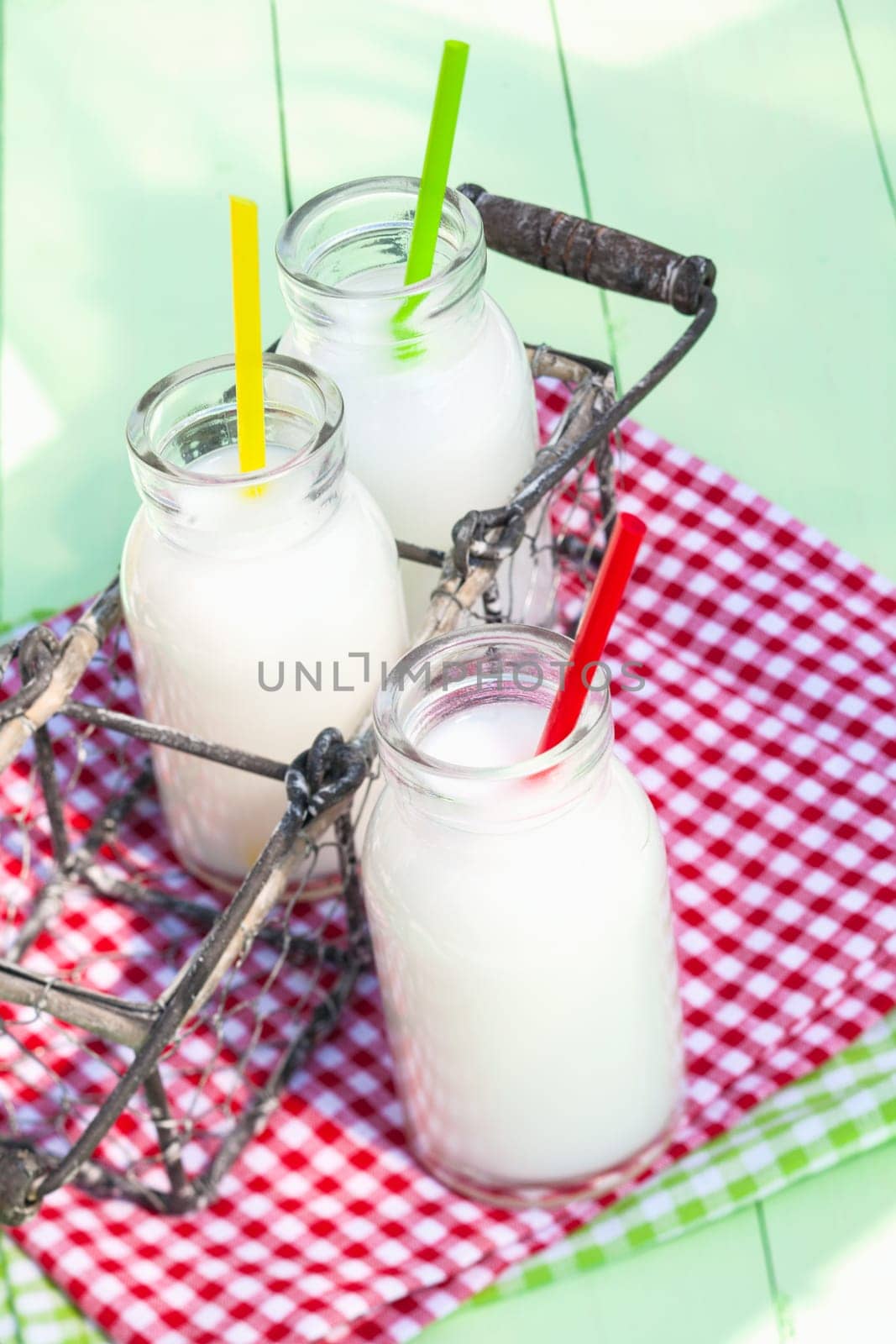 Fresh Milk Drinks in a basket outdoors