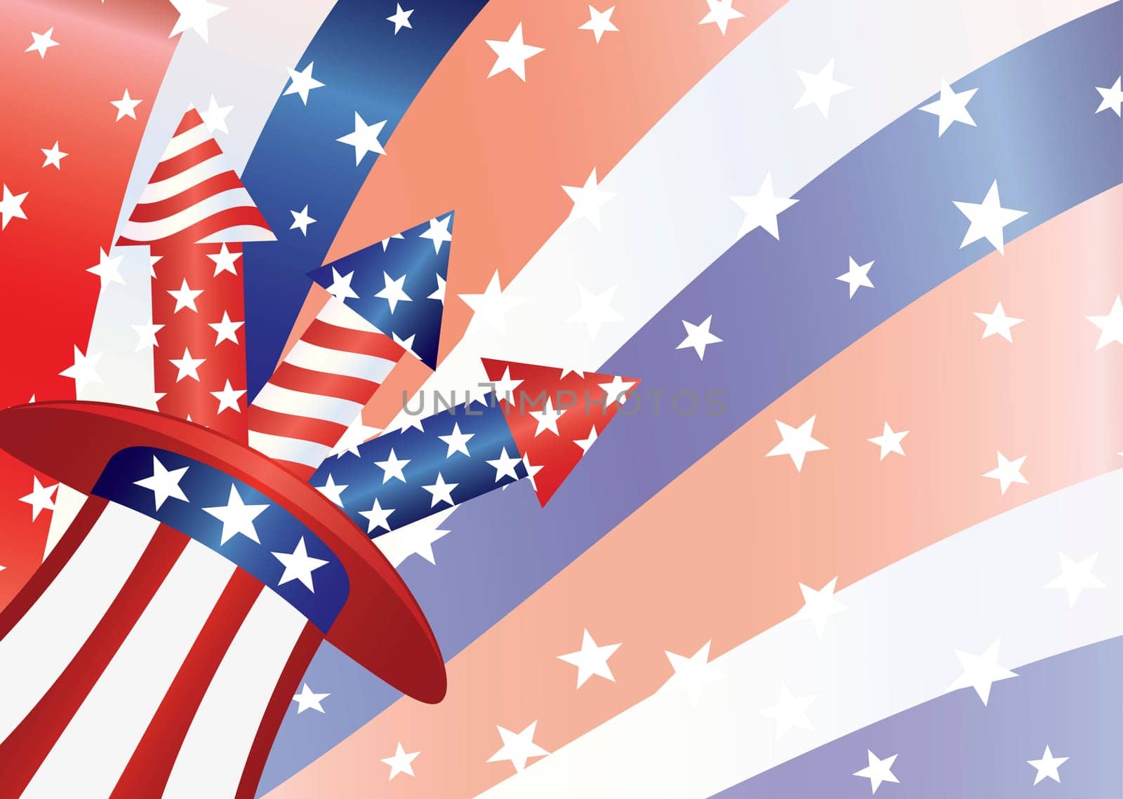 Fourth of July Fireworks in Stars and Stripes Hat with US Flag Background Illustration