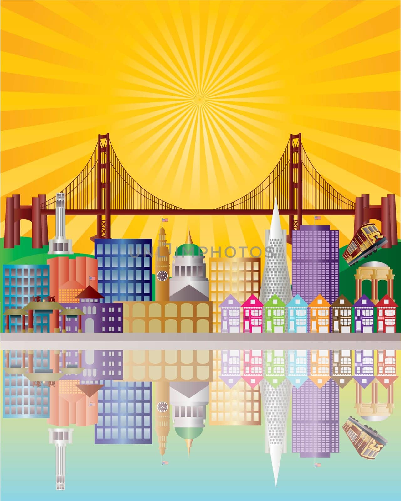 San Francisco California City Skyline with Golden Gate Bridge with Sunrise Background Illustration