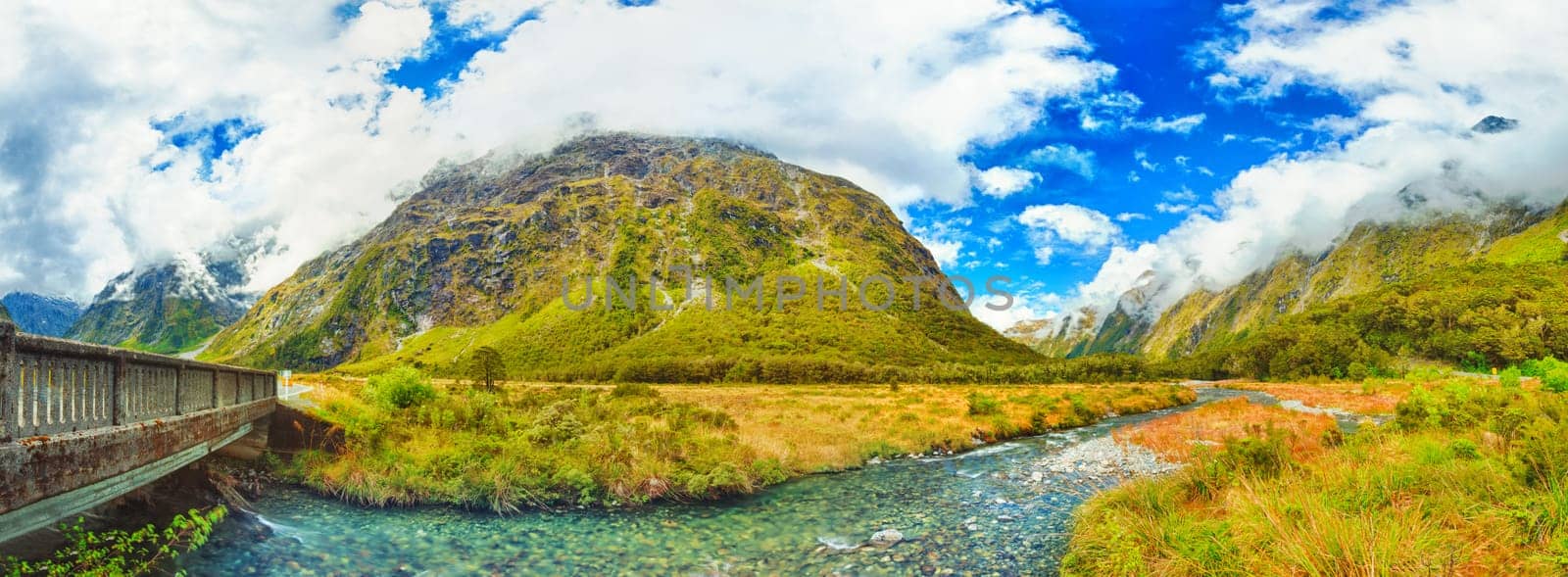 Mountain valley on the way to Milford Sound. Panorama