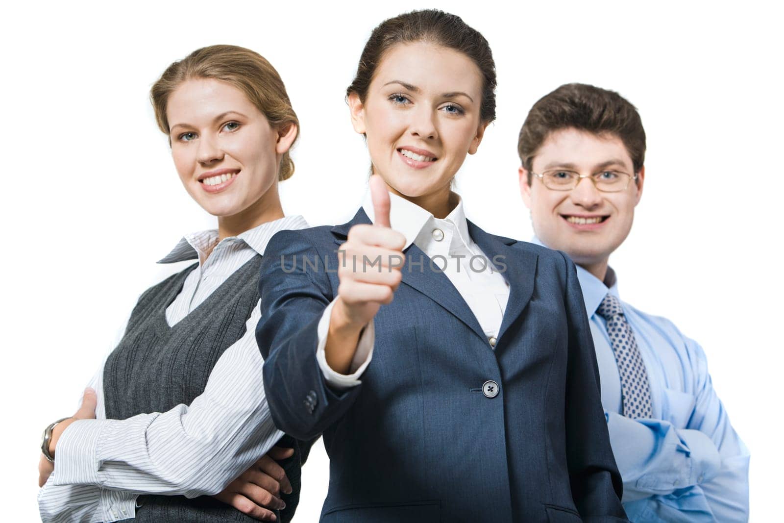 Female leader showing sign of okay on the background of her business team