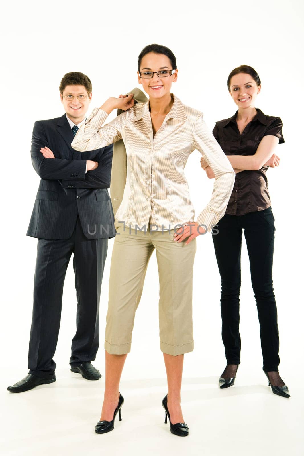 Image of business-team with female leader standing in front
