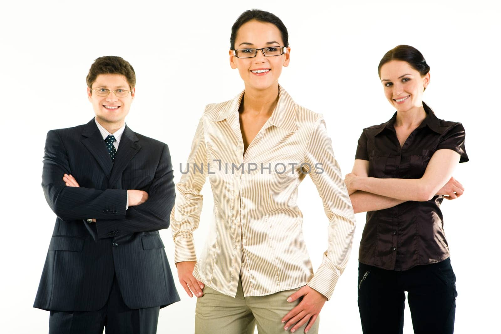 Portrait of smiling woman standing on the background of her two colleagues