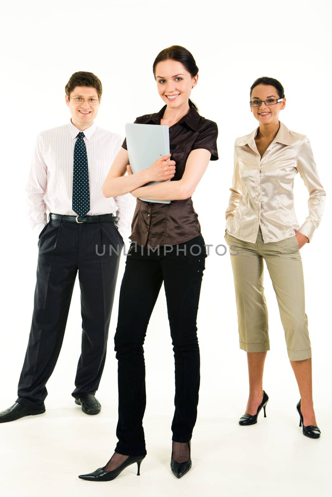 Portrait of beautiful businesswoman holding the folder on the background of two businesspeople