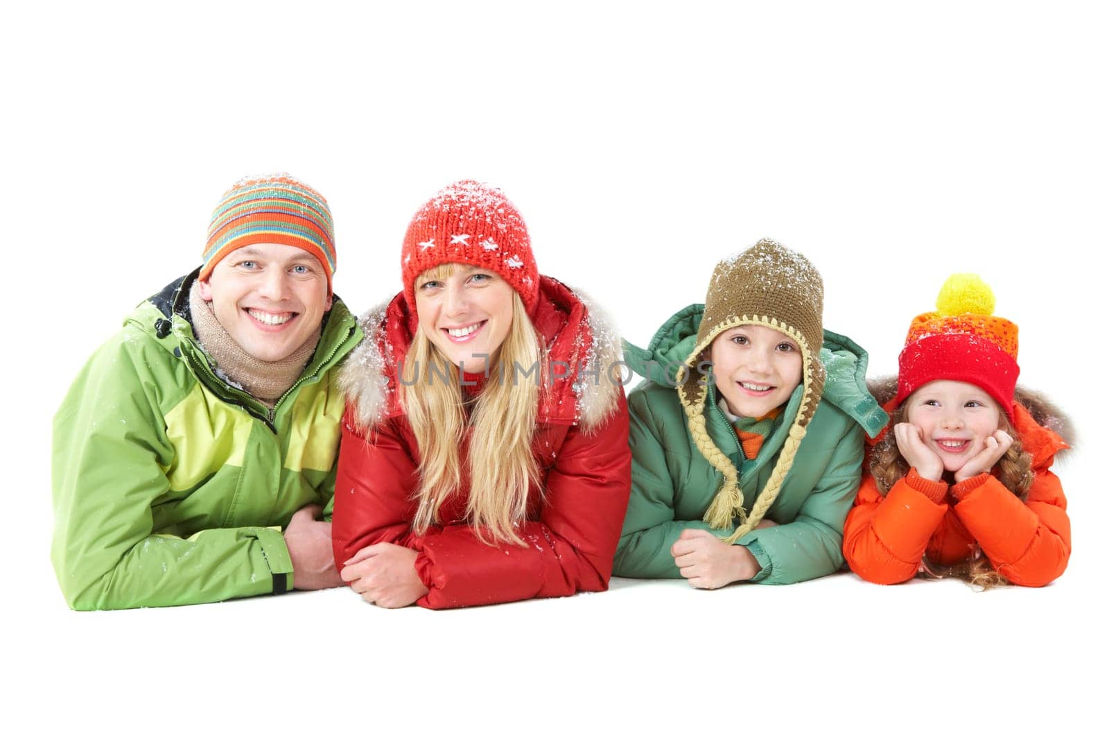 Happy family members looking at camera with smiles over white background