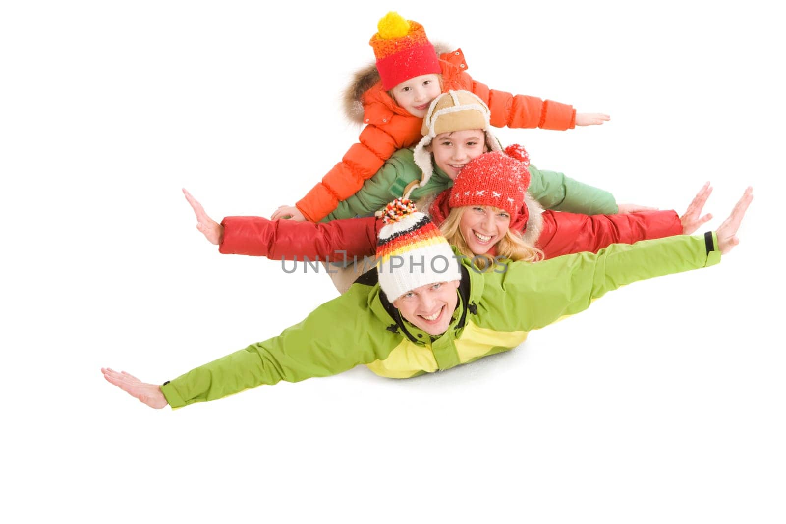 Happy family members looking at camera with smiles and their arms stretched