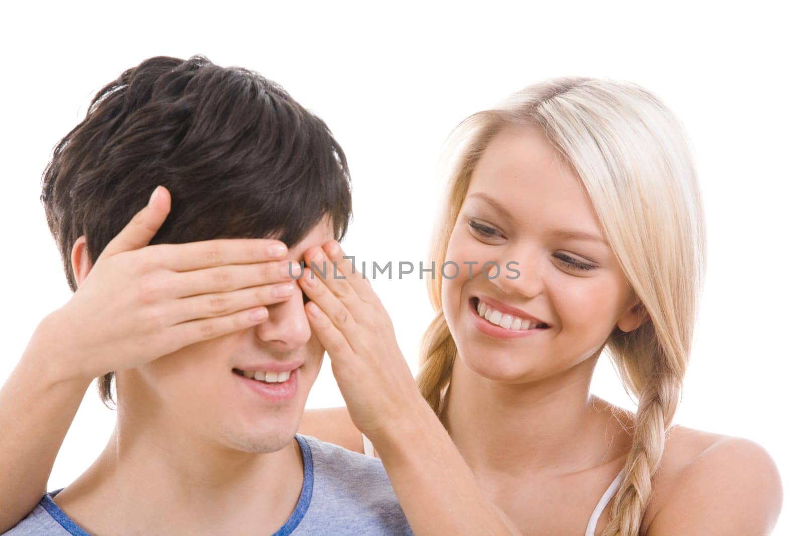 Image of beautiful blonde looking at handsome man while closing his eyes