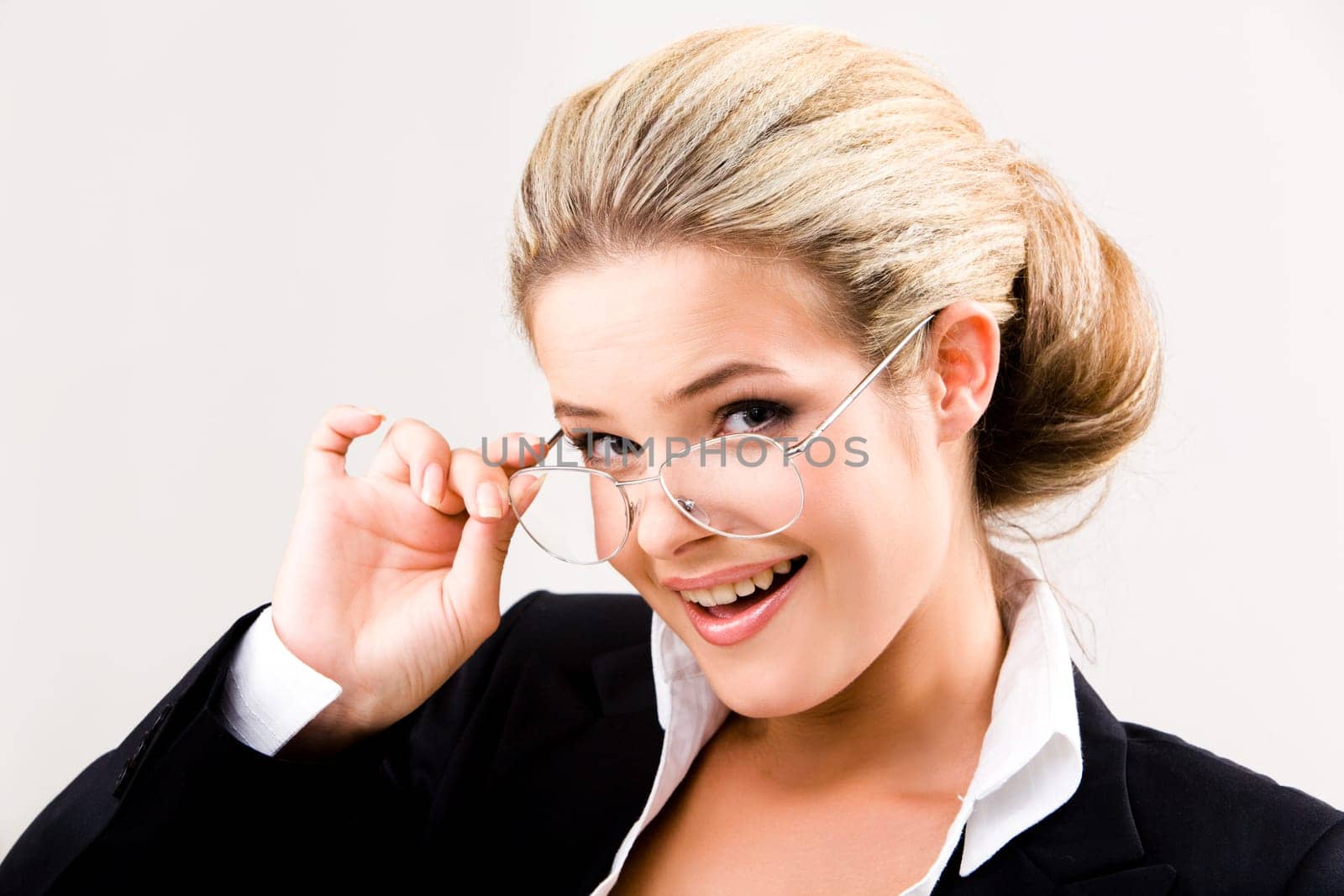 Photo of smiling businesswoman with glasses isolated on a white background