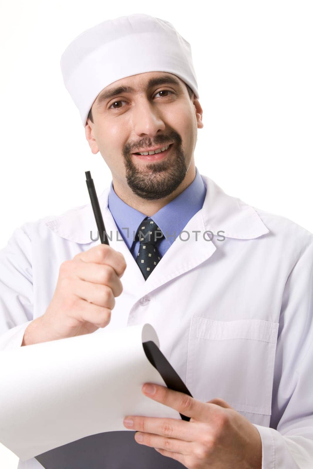 Portrait of confident doctor prescribing medicine and looking at camera