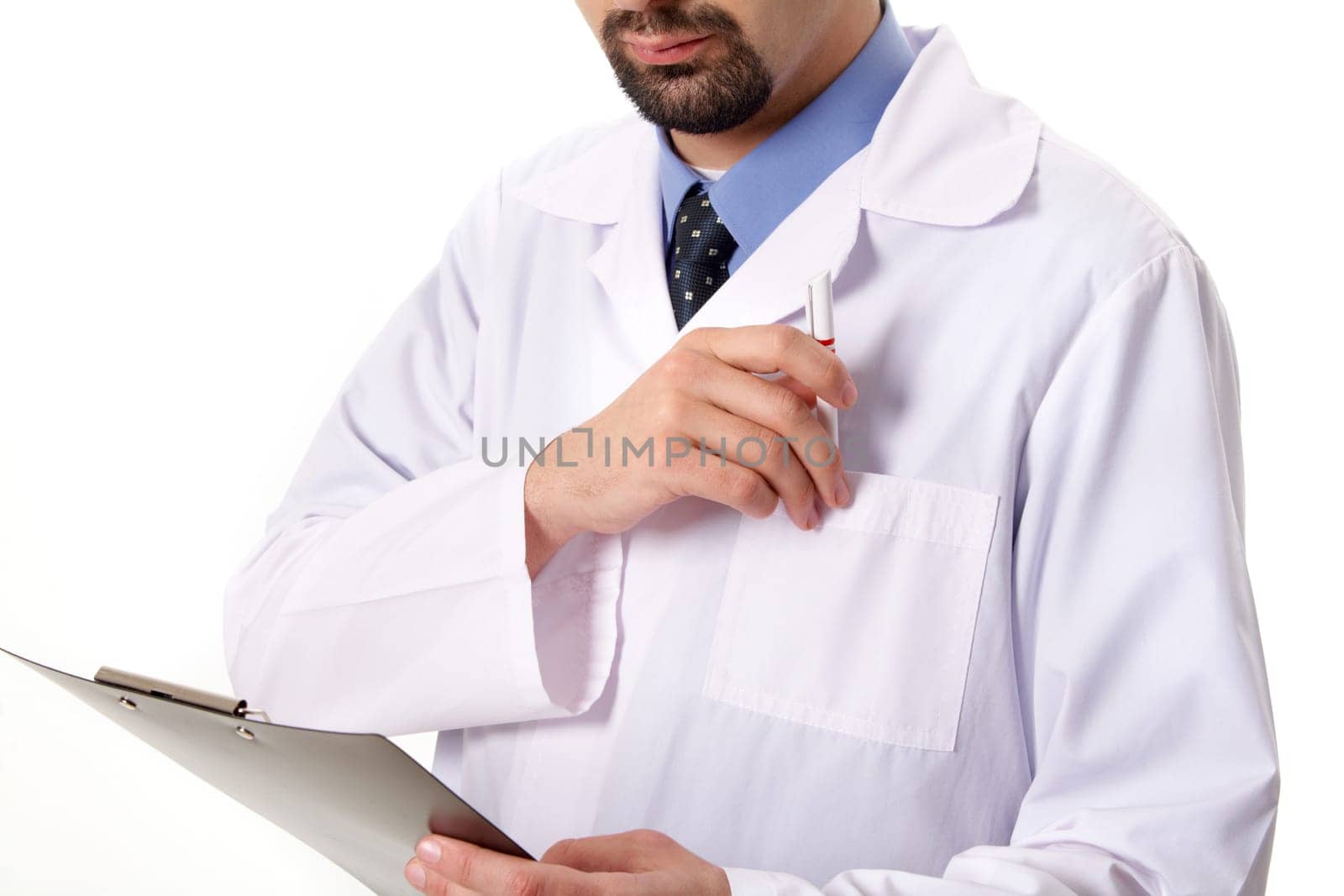 Close-up of physician taking pen from pocket