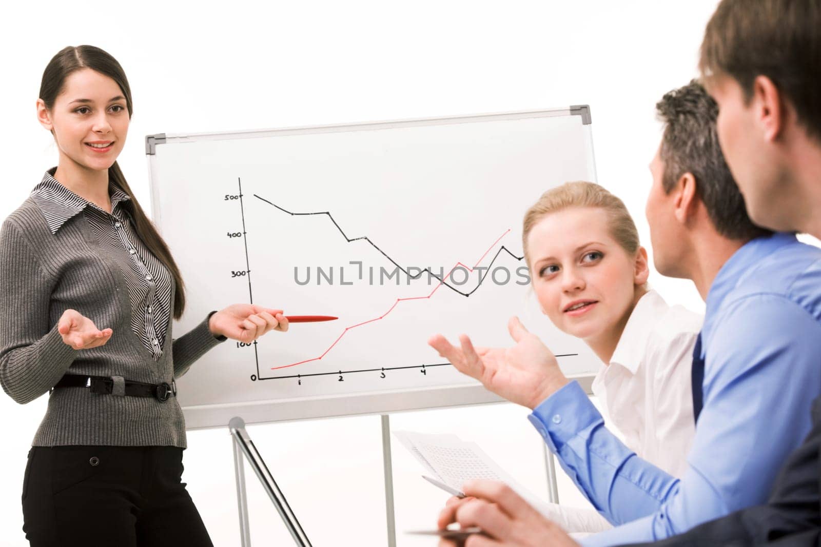 Image of confident woman making presentation and interacting with the audience