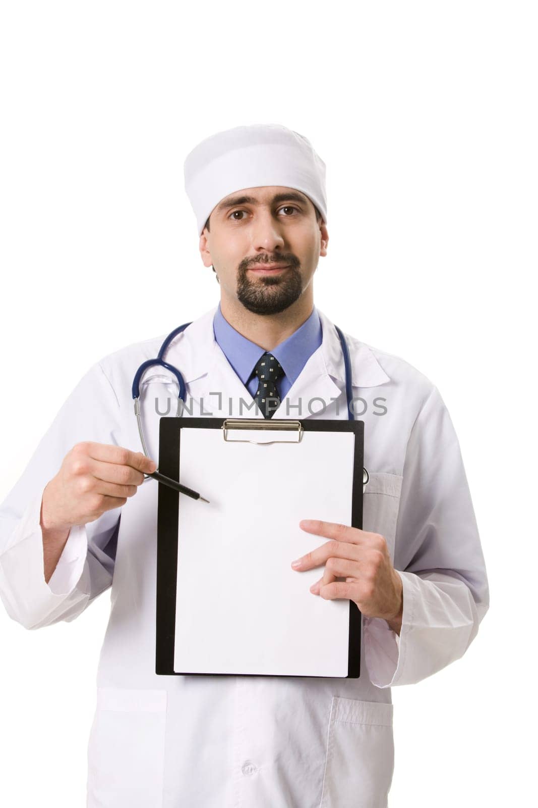 Portrait of confident doctor pointing at paper in his hands
