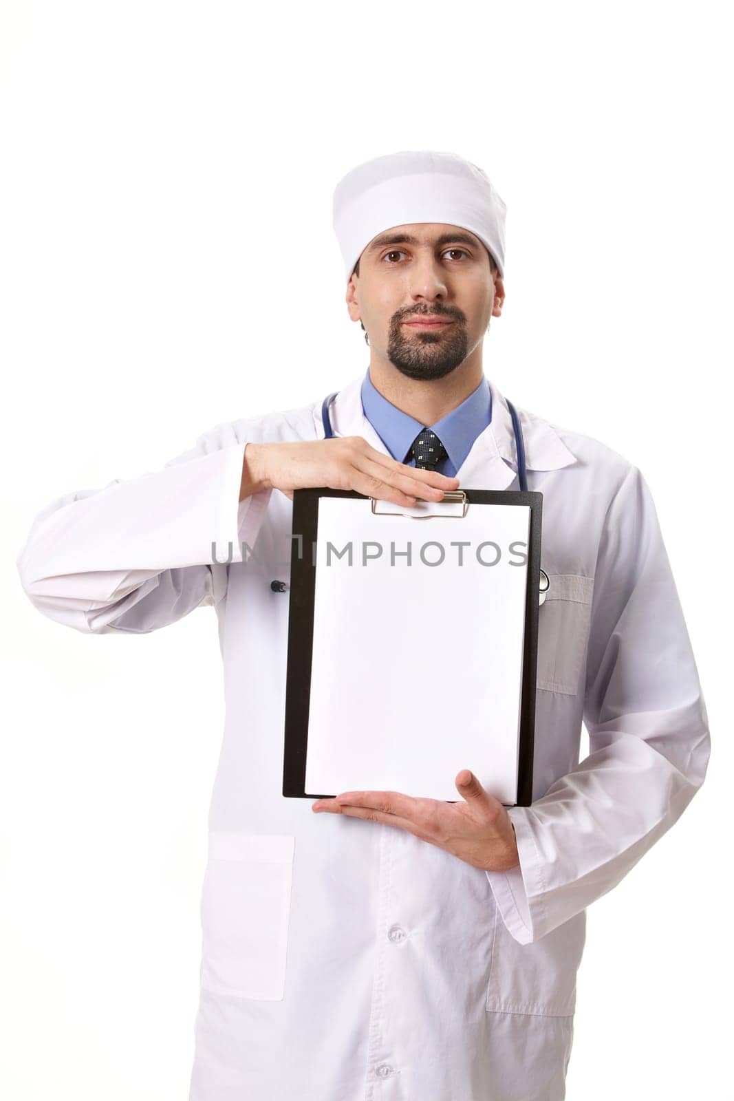 Portrait of physician showing blank paper in hands