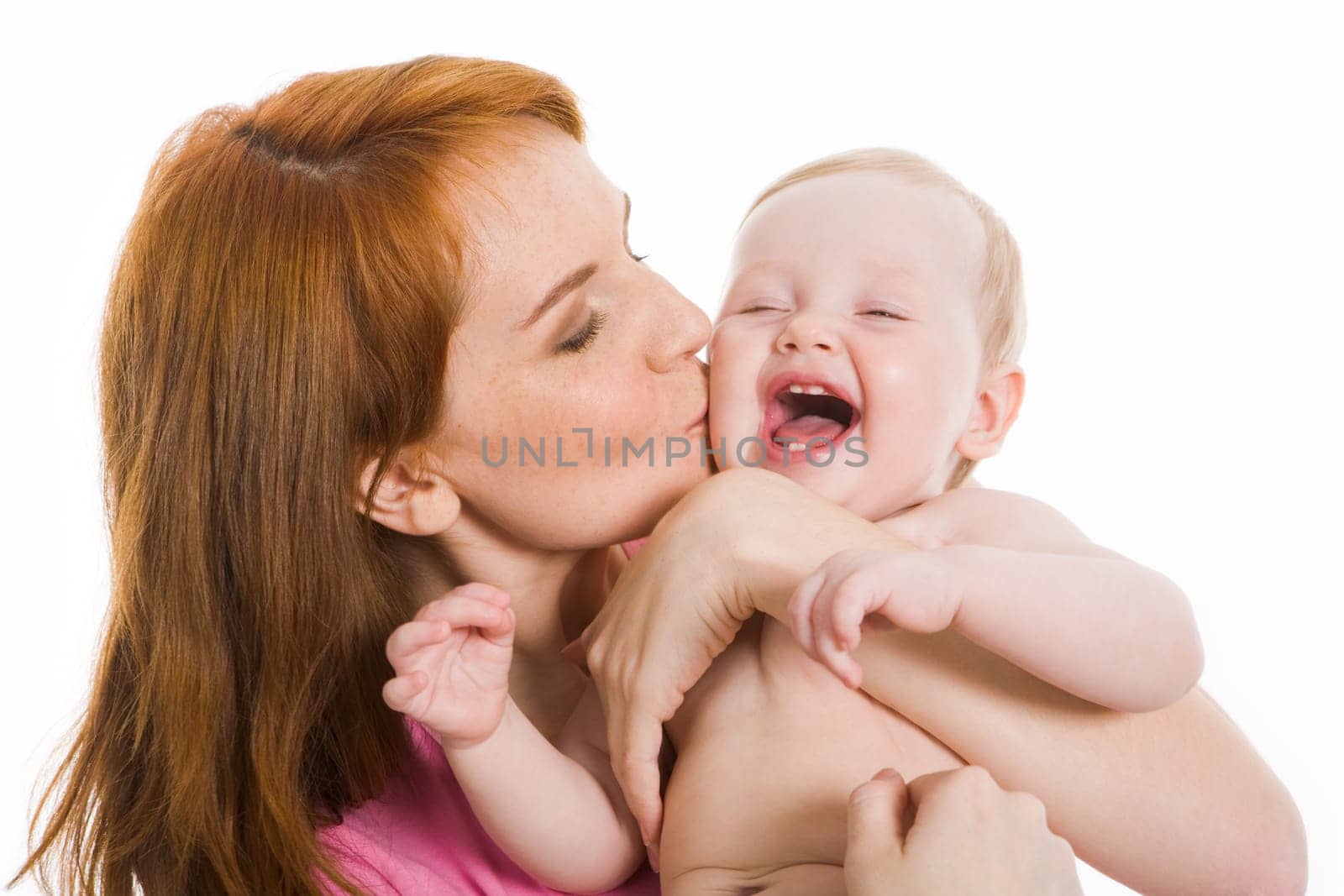 Image of pretty woman with her little baby on white background