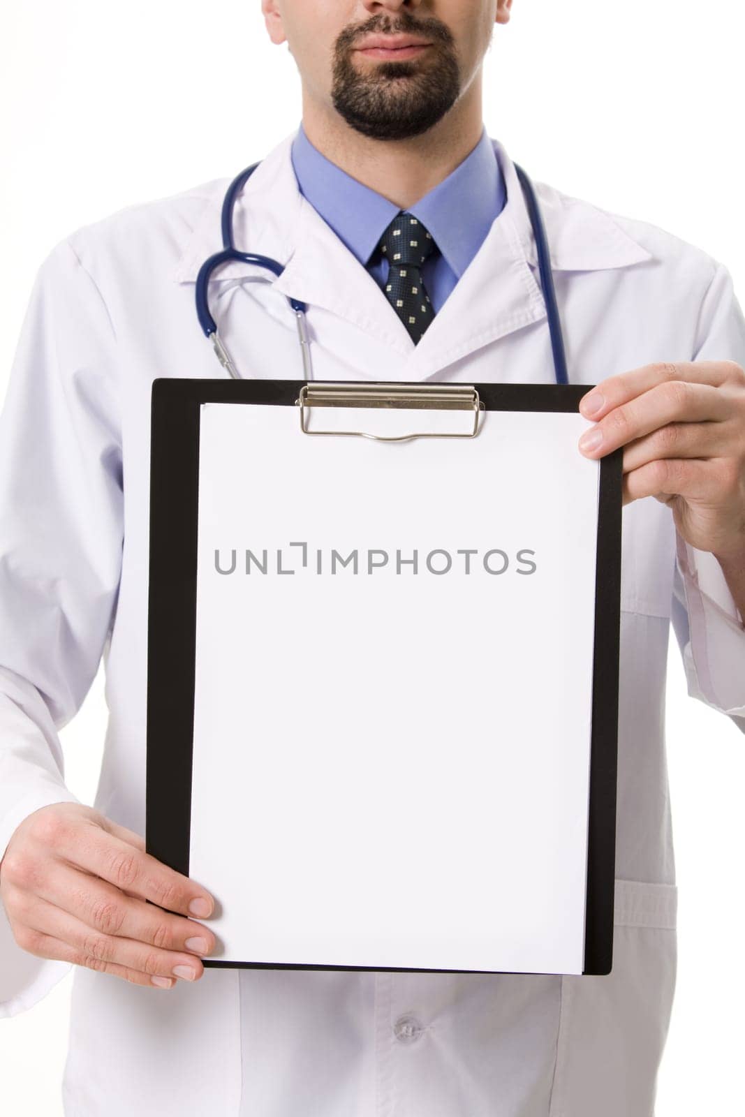 Close-up of physician showing blank paper in hands