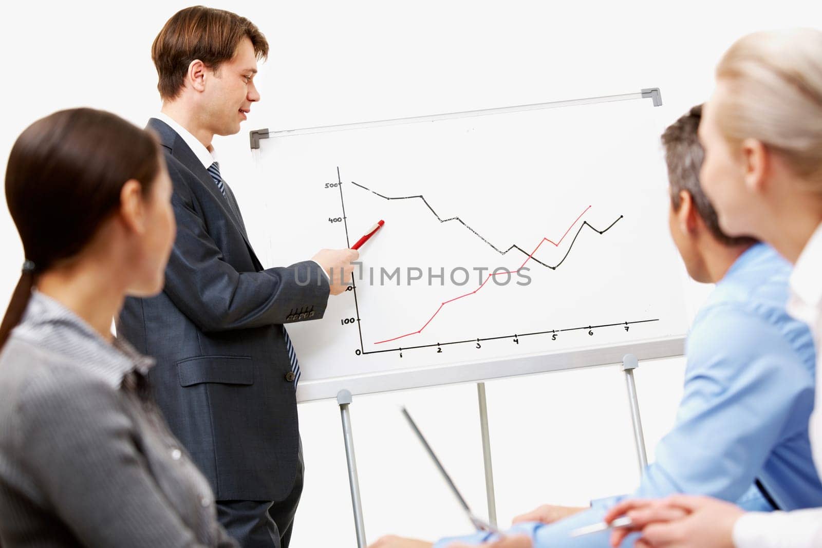 Image of confident man making presentation and pointing at graph on whiteboard