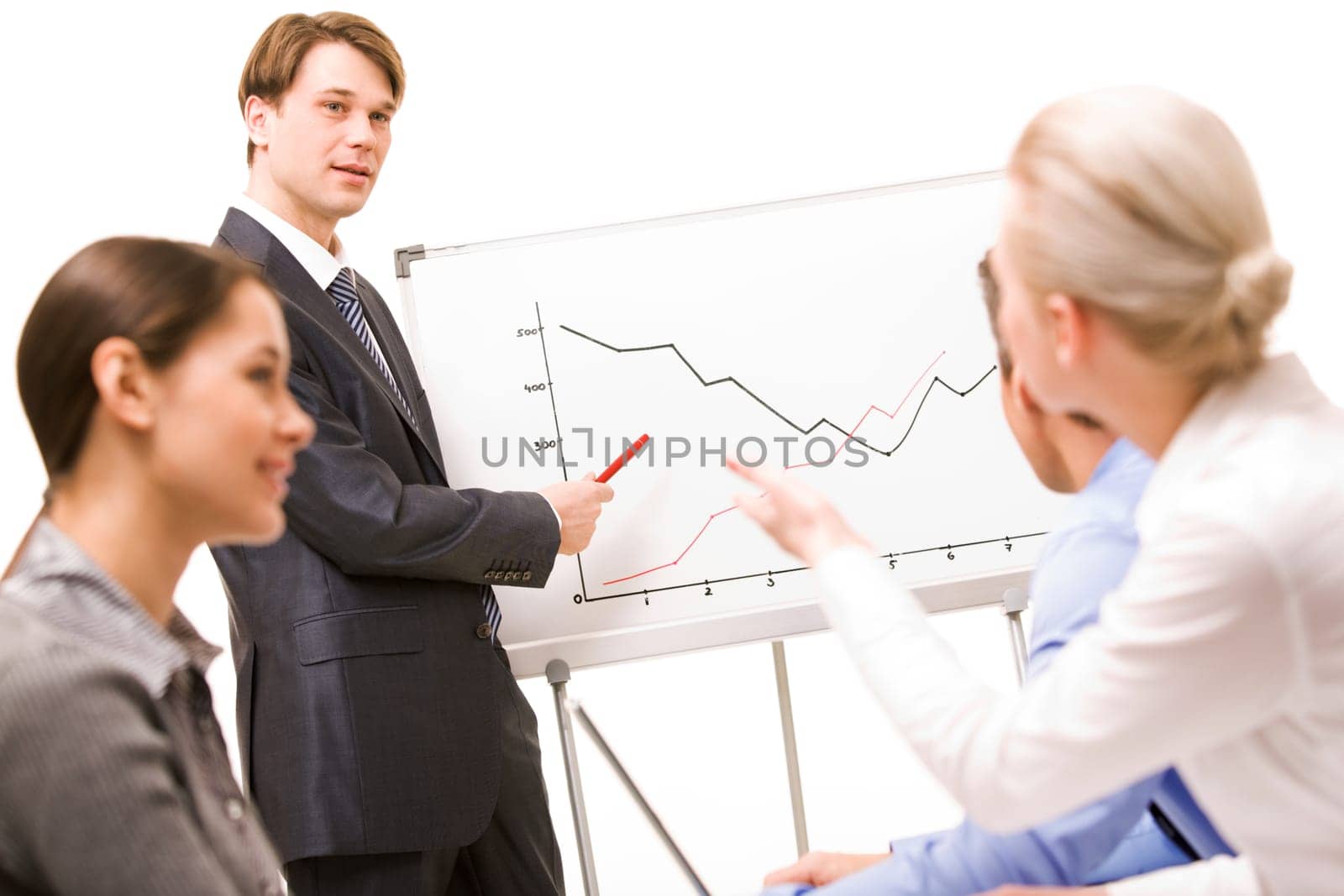 Image of confident man making presentation and interacting with the audience