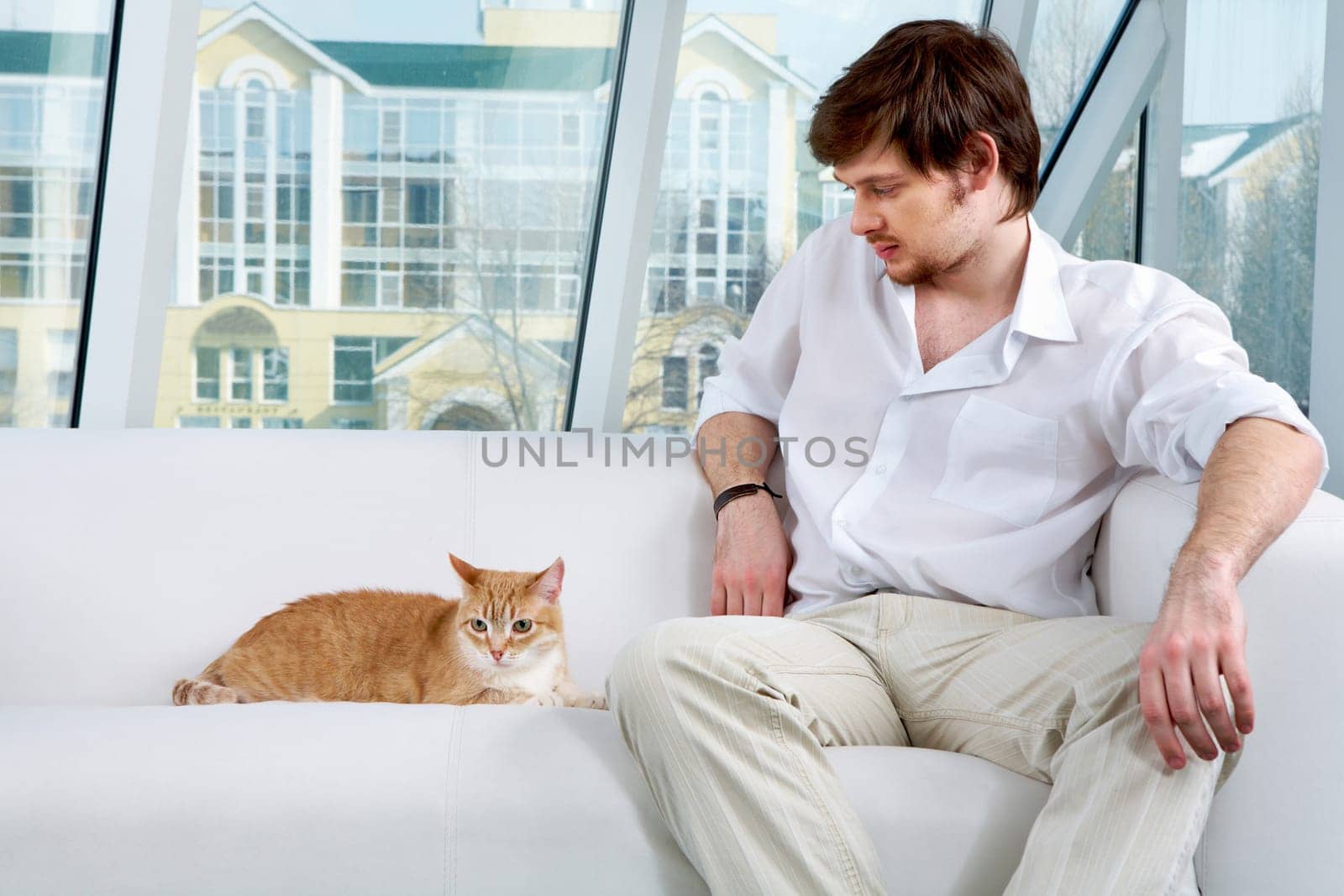 A man sitting on sofa and looking at a cat