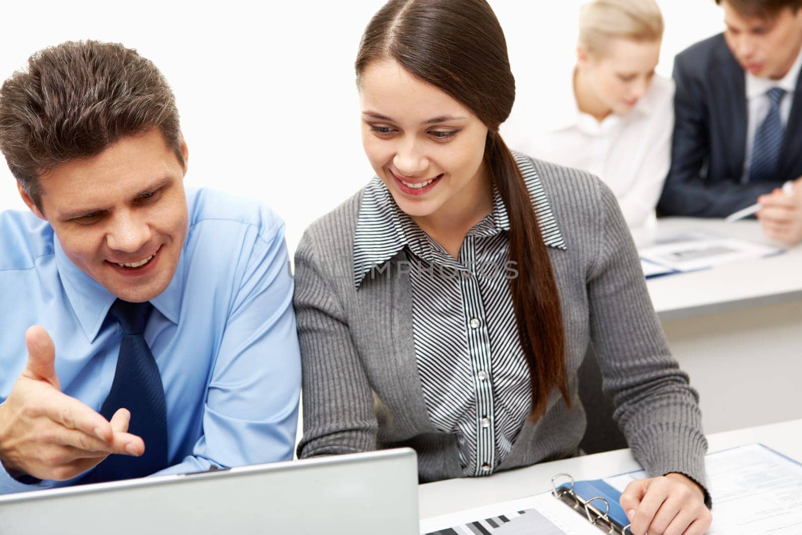 Businessman explaining computer work to a new colleague