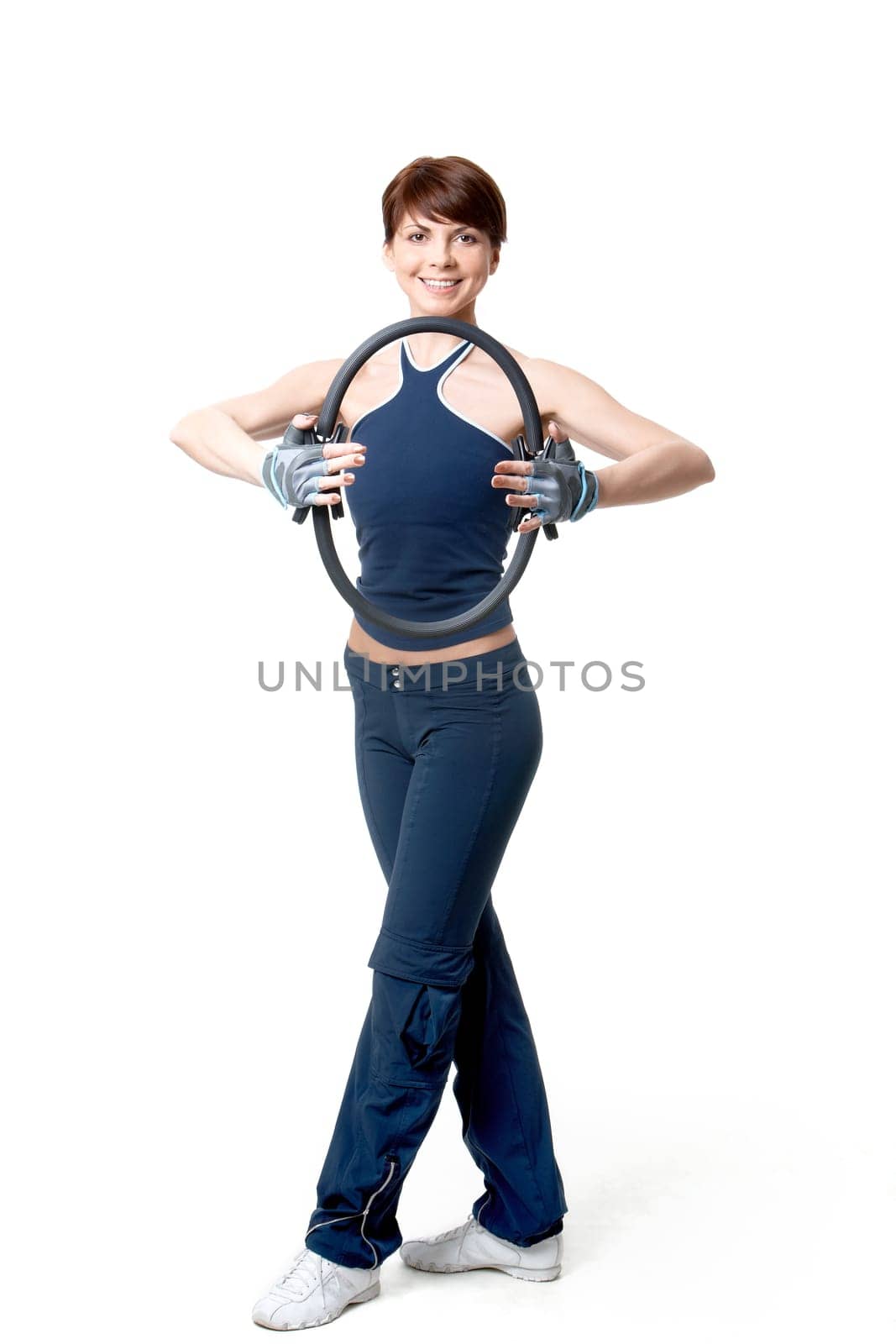 Image of smiling woman exercising over white background