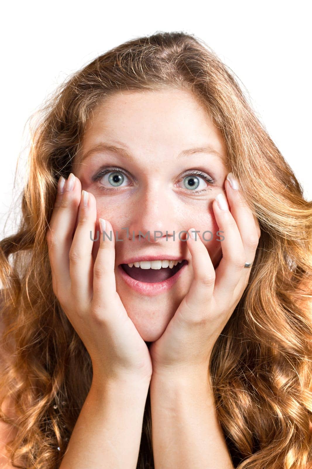 pretty young excited woman, isolated against white background