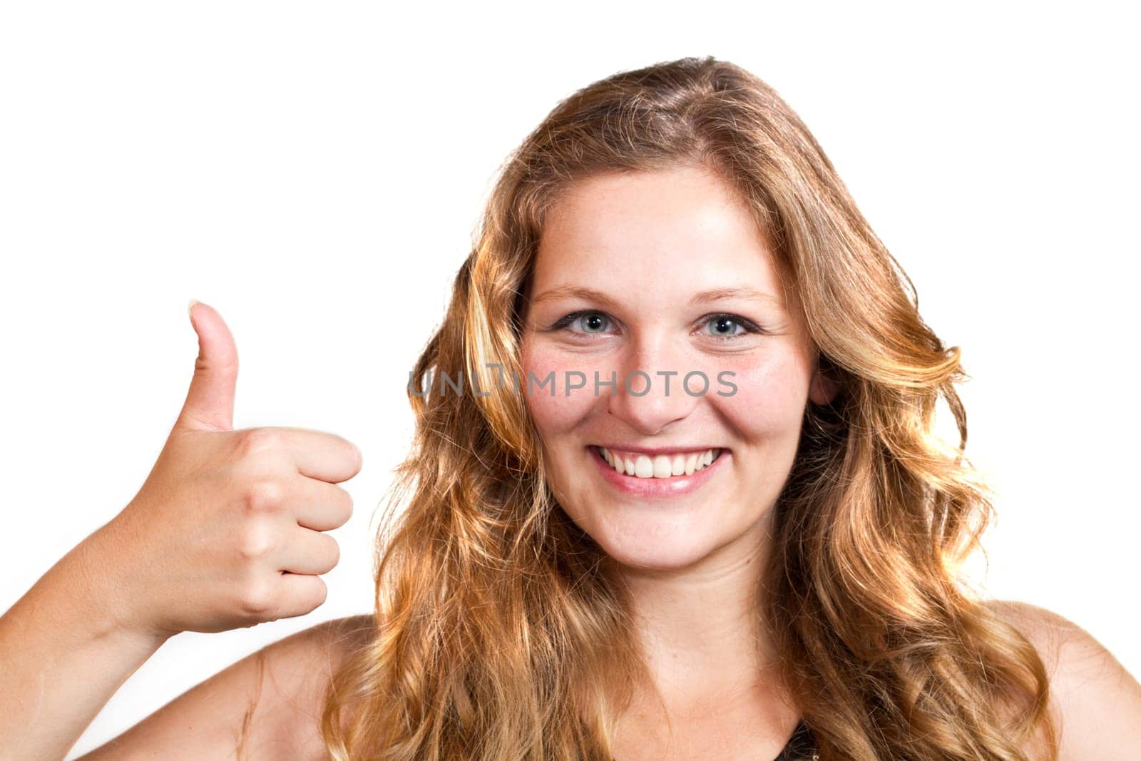 portrait of attractive caucasian smiling woman isolated on white studio