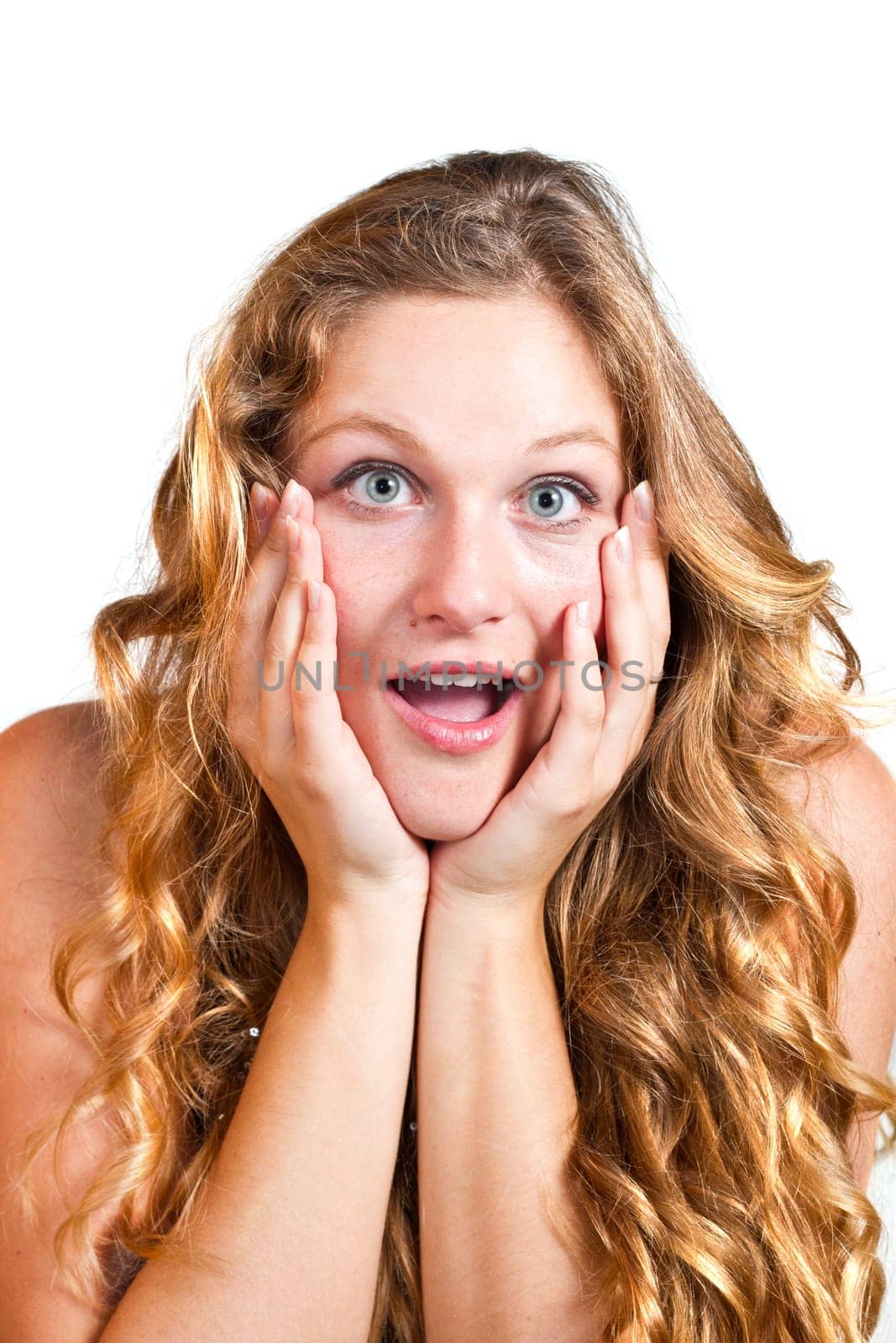 pretty young excited woman, isolated against white background