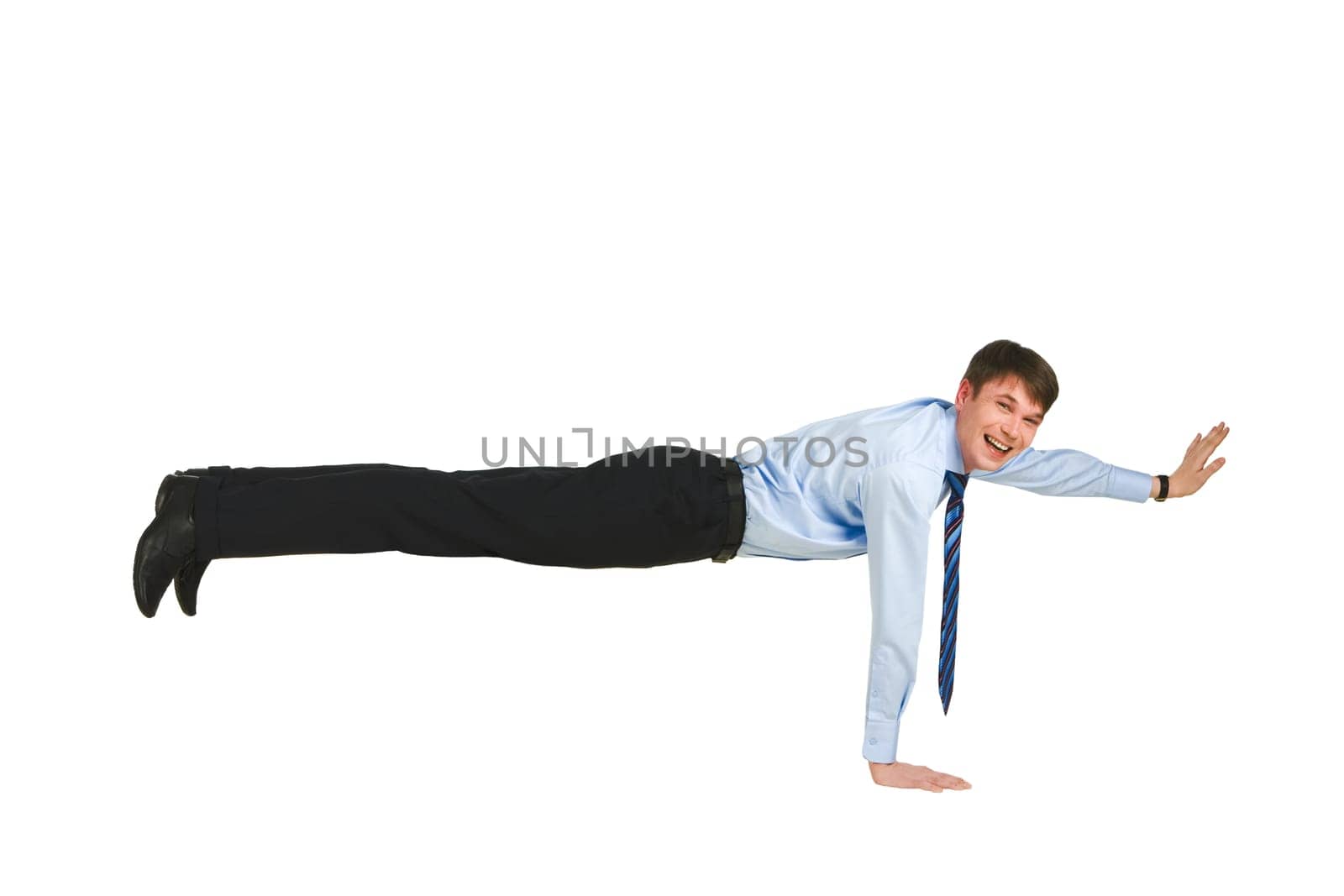 Photo of skilled man standing on one arm over white background