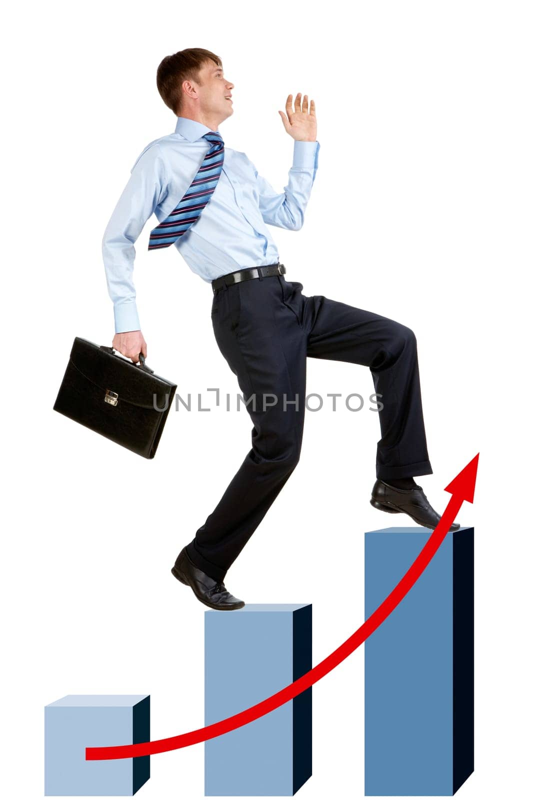 Image of happy businessman running upstairs on chart column tops
