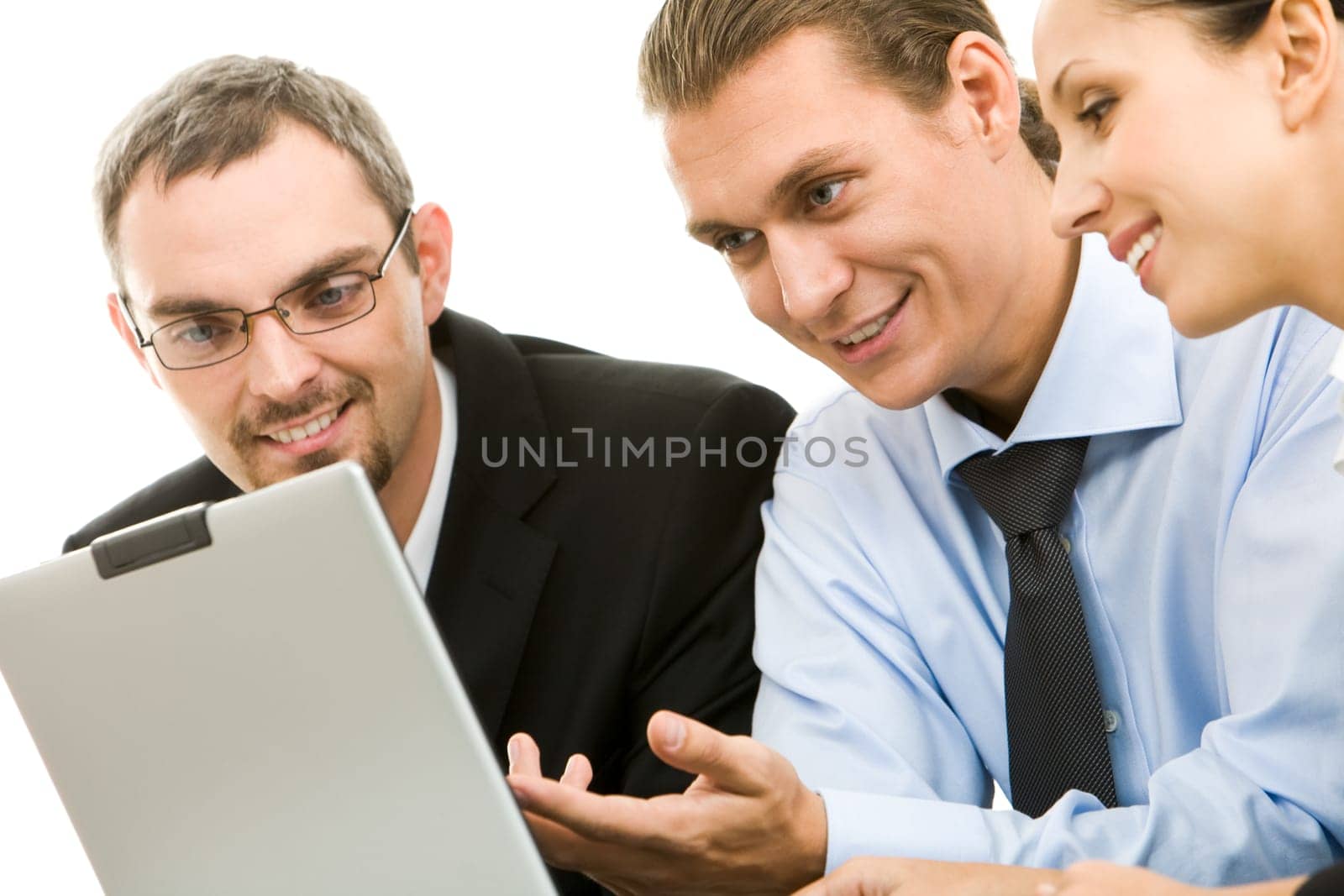 Portrait of executive specialists working with laptop